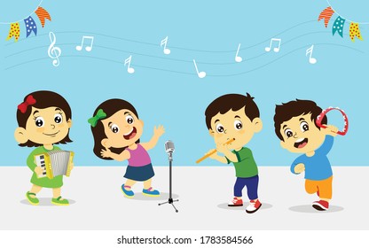vector cartoon illustration of smiling kids playing musical instruments