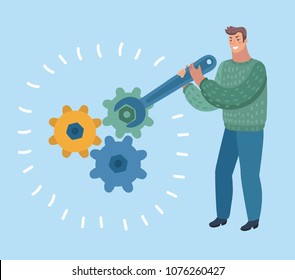 Vector cartoon illustration of smiling man configure the gear with wrench. Male characters with Spanner