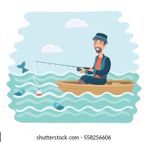 Vector cartoon illustration of smiling man fishing on the boat.