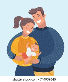 Vector cartoon illustration of smiling mother and father holding their newborn baby son. Cute family couple with child. Characters on isolated background. Close up image.