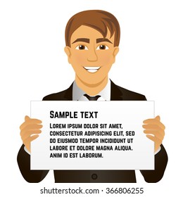 Vector cartoon illustration with a smiling office man with a billboard in his hands