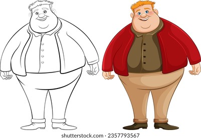 A vector cartoon illustration of a smiling overweight young man standing in an outline isolated on a white background