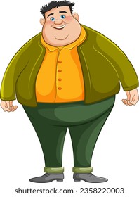 A vector cartoon illustration of a smiling overweight young man standing isolated on a white background