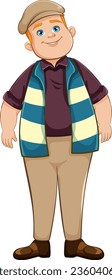 A vector cartoon illustration of a smiling overweight young man standing isolated on a white background