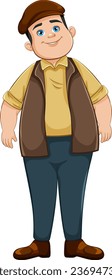A vector cartoon illustration of a smiling overweight young man standing isolated on a white background