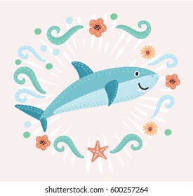 Vector cartoon illustration of smiling shark decorated with flower and marine elements in vintage style