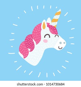 Vector cartoon illustration of smiling Unicorn head with closed eyed and mane pink icon isolated on blue. Head portrait horse sticker. Cute magic cartoon fantasy animal. Dream symbol. Design for child