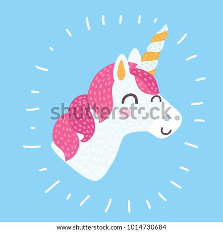 Vector cartoon illustration of smiling Unicorn head with closed eyed and mane pink icon isolated on blue. Head portrait horse sticker. Cute magic cartoon fantasy animal. Dream symbol. Design for child