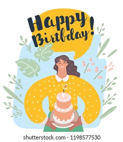 Vector cartoon illustration of smiling woman holding cake with candle and say Happy birthday in speech balloon.