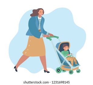Vector cartoon illustration of Smiling woman walking outdoor with infant baby in stroller. Happy mother and little son. Family and motherhood theme. Parents concept. 