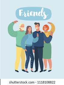 Vector cartoon illustration of Smiling young hugging friends and waving. Friendship concept