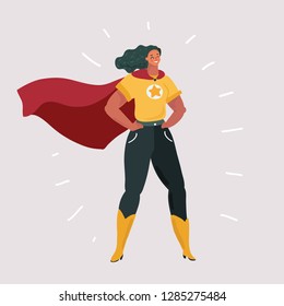 Vector cartoon illustration of Smiling young Caucasian woman in superhero costume standing in hands on his hips pose. Human female character on white background. Vector cartoon illustration of Smiling young Caucasian woman in superhero costume standing in hands on his hips pose. Human female character on white background.