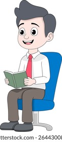 Vector cartoon illustration of a smiling young boy or student, wearing a white shirt and red tie, happily seated on a blue office chair while engrossed in reading a green book
