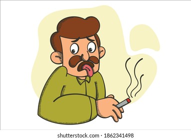 Vector cartoon illustration. Smoking man is holding a cigarette in hand and doing tongue out. Isolated on a white background.