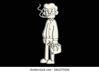 Vector cartoon illustration. Smoking man is smoking a cigarette and holding a vegetable bag in hand. Isolated on a black background.