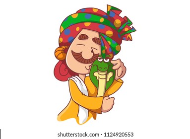 Vector cartoon illustration of snake charmer holding snake with love in hand. Isolated on white background.  