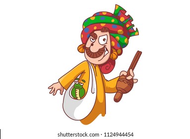 Vector cartoon illustration of snake charmer with Been in hand and snake in bag. Isolated on white background. 