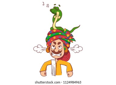 Vector cartoon illustration of snake charmer fear. Snake on head. Isolated on white background.    