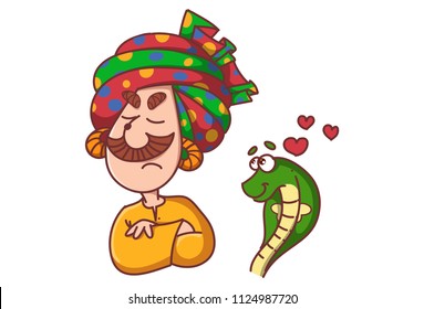 Vector cartoon illustration of snake charmer closed eyes and snake with heart. Isolated on white background.