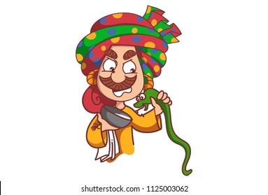 Vector cartoon illustration of snake charmer feeding milk to the snake. Isolated on white background.