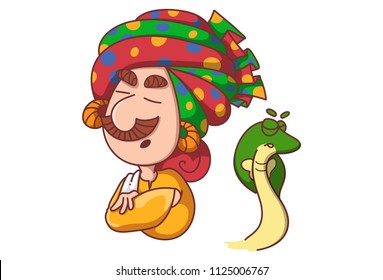 Vector cartoon illustration of snake charmer and snake with closed eyes. Isolated on white background.