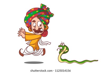 Vector cartoon illustration . Snake charmer is running with the fear of snake. Isolated on white background. 