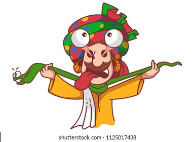 Vector cartoon illustration of snake charmer funny expression. Snake on neck. Isolated on white background. 