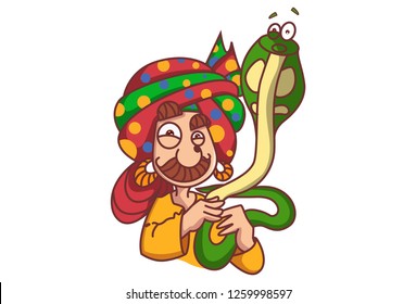 Vector cartoon illustration. Snake charmer holding cobra on own neck . Isolated on white background.