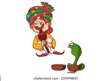 Vector cartoon illustration. Snake charmer playing flute to cobra . Isolated on white background.