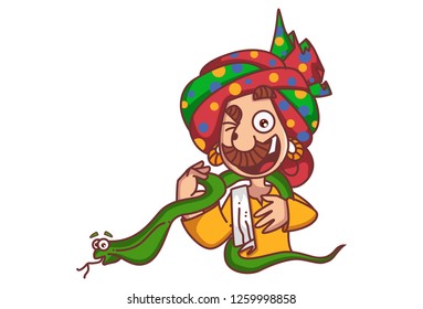 Vector cartoon illustration of snake charmer holding cobra. Isolated on white background.