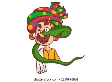 Vector cartoon illustration. Snake charmer being eaten by cobra snake. Isolated on white background.