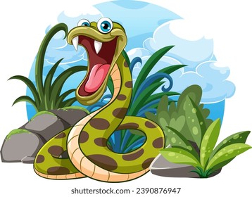 A vector cartoon illustration of a snake poised to strike