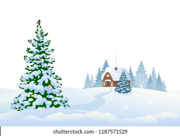 Vector cartoon illustration of a snow covered Christmas tree, fir woods and a small house, winter landscape isolated on a white background