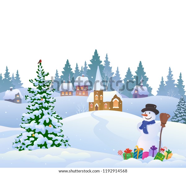 Vector Cartoon Illustration Snow Covered Village Stock Vector Royalty Free