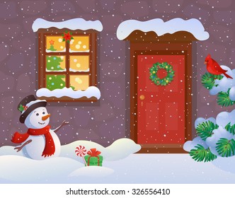 Vector cartoon illustration of a snowy house entrance and a greeting snow man