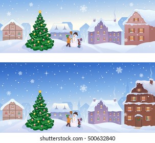 Vector cartoon illustration of a snowy small town with kids making a snowman, panoramic banners