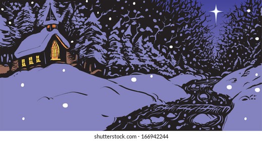 Vector cartoon illustration of a snowy winter evening featuring a church with lit windows near a creek or stream with a single star in the sky. Good for Christmas or holiday themes.