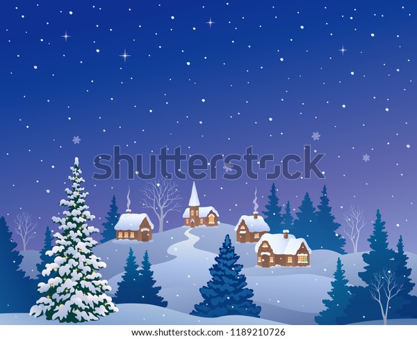 Vector Cartoon Illustration Snowy Winter Village Stock Vector (Royalty ...