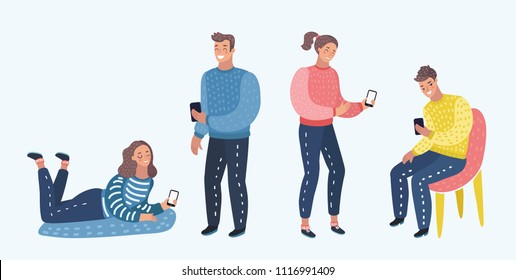 Vector cartoon illustration of social network concept - young people are using their smartphones on white background. Female and male characters.