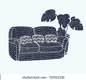 Vector cartoon illustration of sofa black silhouette icon and Monstera plant in pot in black and white colors. Isolated object on white background