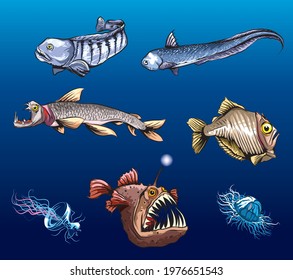 Vector cartoon illustration of some deep-sea fish living in near darkness.