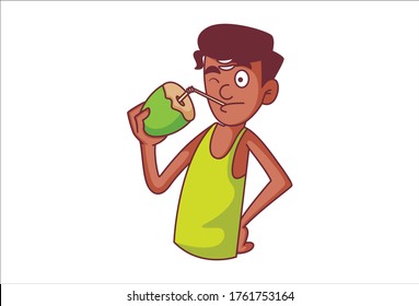 Vector cartoon illustration. South Indian man drinking coconut water. Isolated on white background.