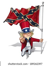 Vector Cartoon Illustration of South Uncle Sam holding a waving a American civil war South Flag (Stars and Bars). Flag's texture and sepia color can be removed by turning the respective layers off.