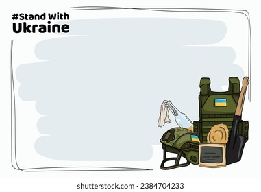 Vector cartoon illustration with space for text war in ukraine with set of military and patriotic elements and symbols