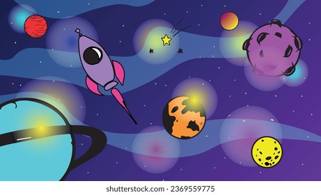 Ilustración vectorial de una nave espacial en el espacio. Arte vector dibujado a mano.