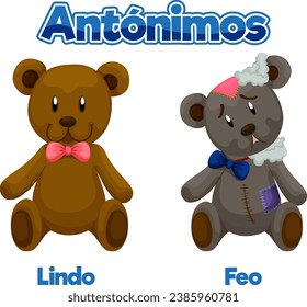 Vector cartoon illustration of Spanish antonyms, lindo and feo means nice and ugly