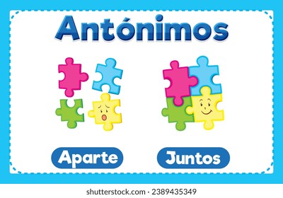 Image vectorielle illustration d'antonymes espagnols, Aparte et Juntos signifie séparation et union