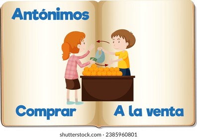 Vector cartoon illustration of Spanish language antonyms for education buy and sale