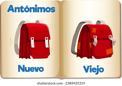 Una ilustración vectorial de las palabras españolas para los nuevos y los viejos en la educación