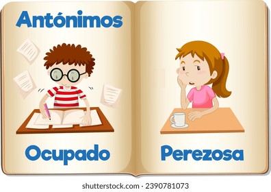 A vector cartoon illustration of the Spanish words for busy and lazy, representing education antonyms